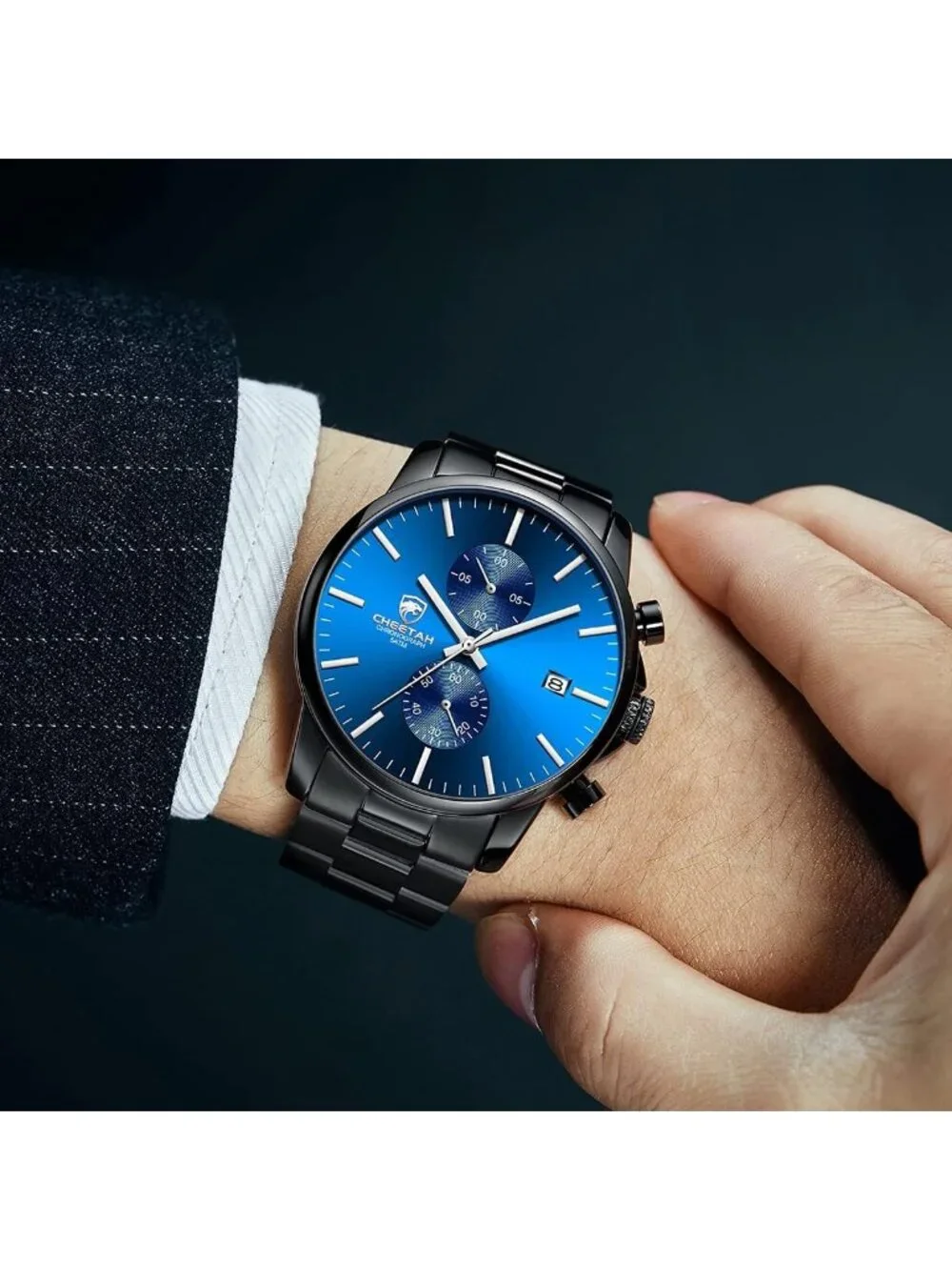 Men's Dark Blue Stainless Steel Waterproof Chronograph Quartz Wrist Watches